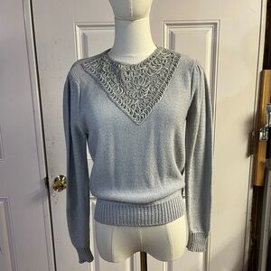 Vintage Light Blue Scoop Neck Sweater with Decorative Yoke